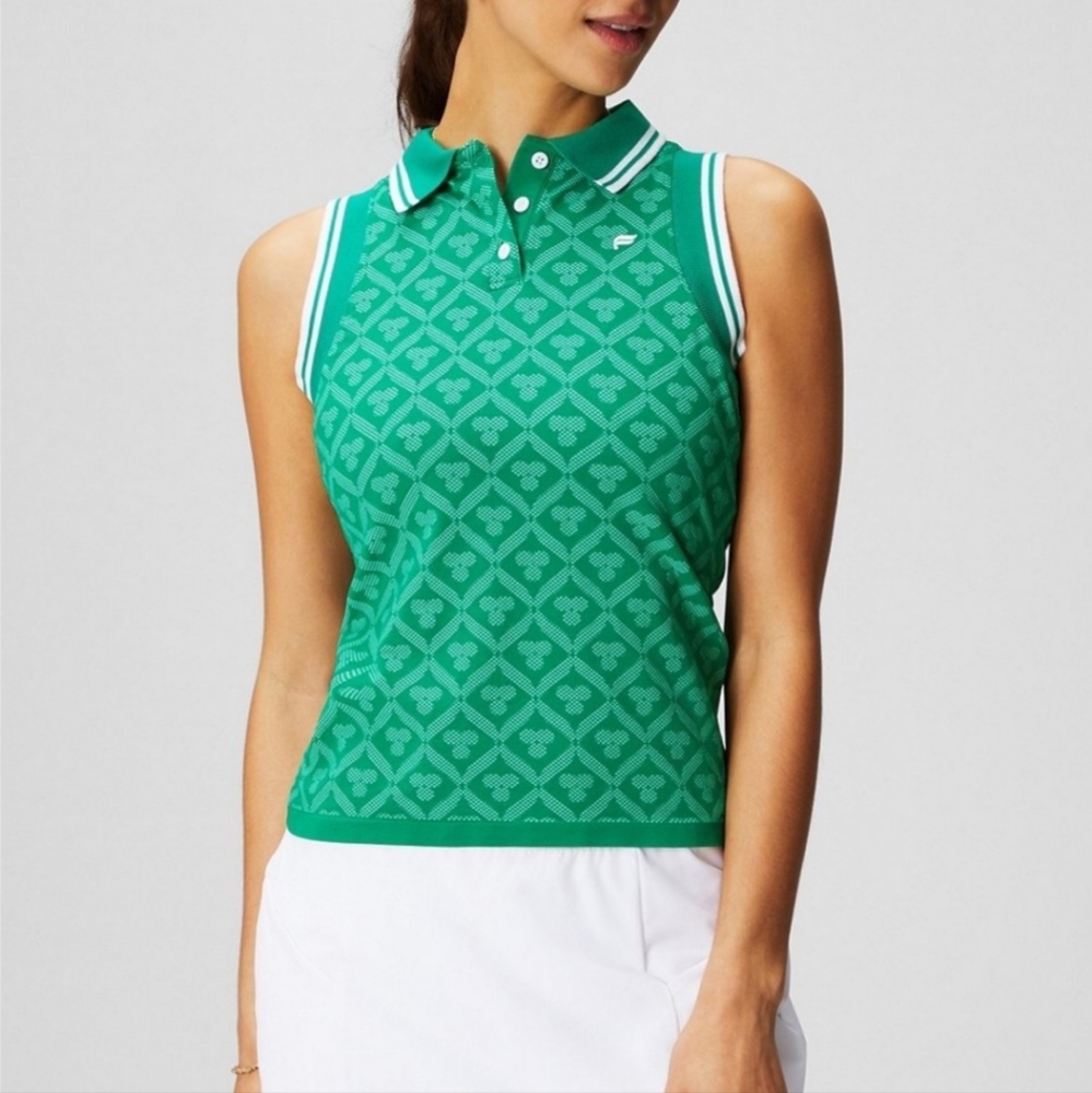 Fabletics Women's L Seamless Polo Tank Fairway Chateau Jacquard Stretch Preppy